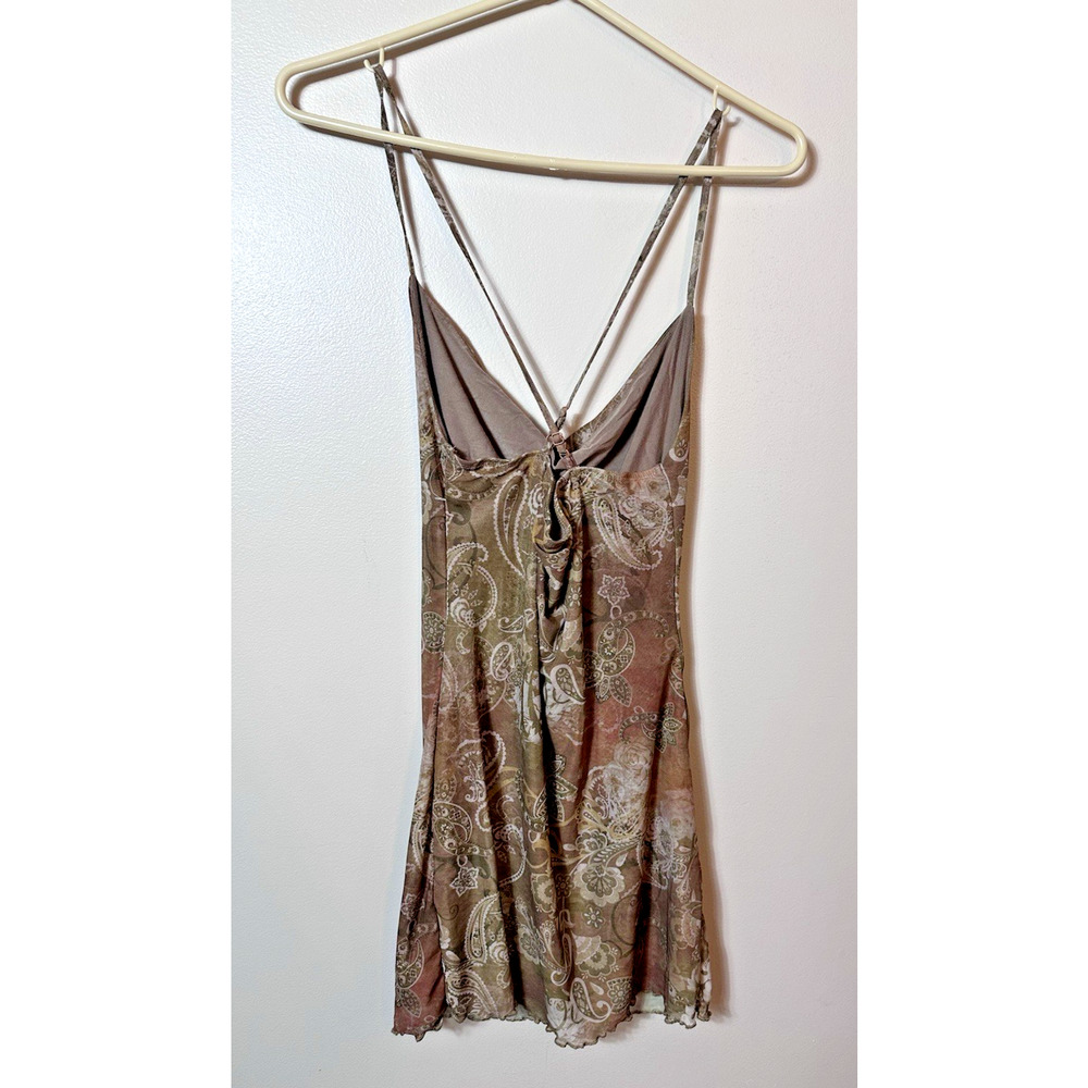 Y2K Brown Paisley Satin Slip Dress Womens Small Cowl Neck Strappy Fairy Grunge - Picture 3 of 11